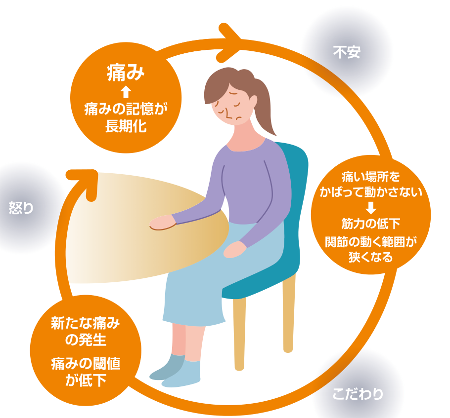 痛み、不安、痛い場所をかばって動かさない、筋力の低下・関節の動く範囲が狭くなる、新たな痛みの発生・痛みの閾値が低下、怒り、こだわりが円環状につながる痛みの悪循環を示した図