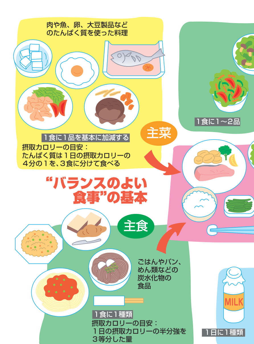 「バランスのよい食事」の基本を示した図。主菜は肉や魚、卵、大豆製品などのたんぱく質を使った料理、主食はごはんやパン、めん類などの炭水化物の食品