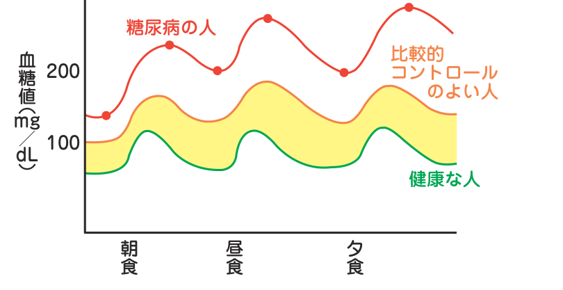 朝食・昼食・夕食にあわせて上下する血糖値を、糖尿病の人・比較的コントロールのよい人・健康な人で比べたグラフ
