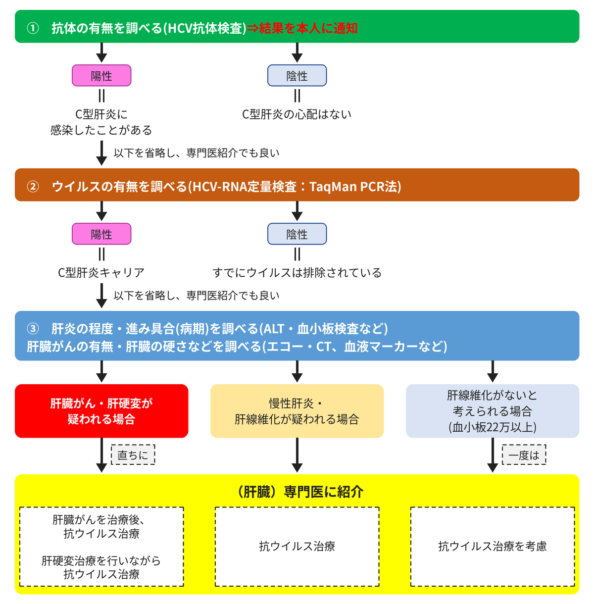 C型肝炎の診断と治療導入の流れ図。①抗体の有無を調べる（HCV抗体検査、結果を本人に通知）：陽性はC型肝炎に感染したことがある、陰性はC型肝炎の心配はない。②ウイルスの有無を調べる（HCV-RNA定量検査）：陽性はC型肝炎キャリア、陰性はすでにウイルスは排除されている。②と③は省略して専門医紹介でも良い。③肝炎の程度・進み具合と肝臓がんの有無・肝臓の硬さなどを調べる（ALT・血小板検査、エコー・CT、血液マーカーなど）。肝臓がん・肝硬変が疑われる場合は直ちに、慢性肝炎・肝線維化が疑われる場合、肝線維化がないと考えられる場合（血小板22万以上）も一度は、（肝臓）専門医に紹介。専門医では、肝臓がんを治療後に抗ウイルス治療、または肝硬変治療を行いながら抗ウイルス治療／抗ウイルス治療／抗ウイルス治療を考慮