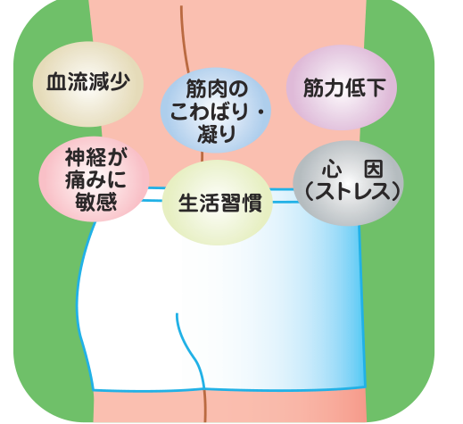 非特異的腰痛に関わる血流減少・筋肉のこわばり凝り・筋力低下・神経が痛みに敏感・心因（ストレス）・生活習慣という六つの要因を示した図