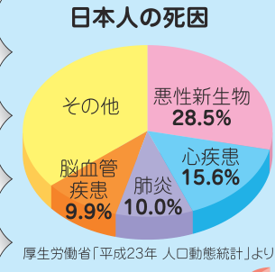 日本人の死因の円グラフ。悪性新生物28.5％、心疾患15.6％、肺炎10.0％、脳血管疾患9.9％、その他
