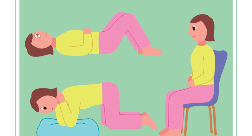 あお向けに寝てひざを立てた姿勢と、四つんばいになった姿勢で骨盤底筋トレーニングをする人のイラスト